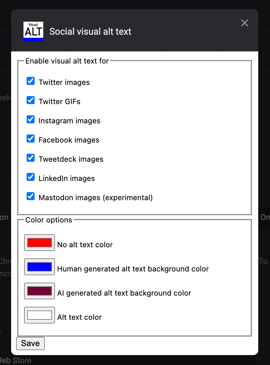 Screenshot of extension options