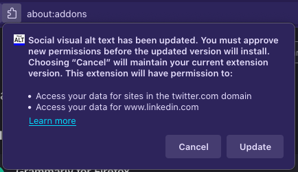Firefox permissions dialog to accept LinkedIn addition
