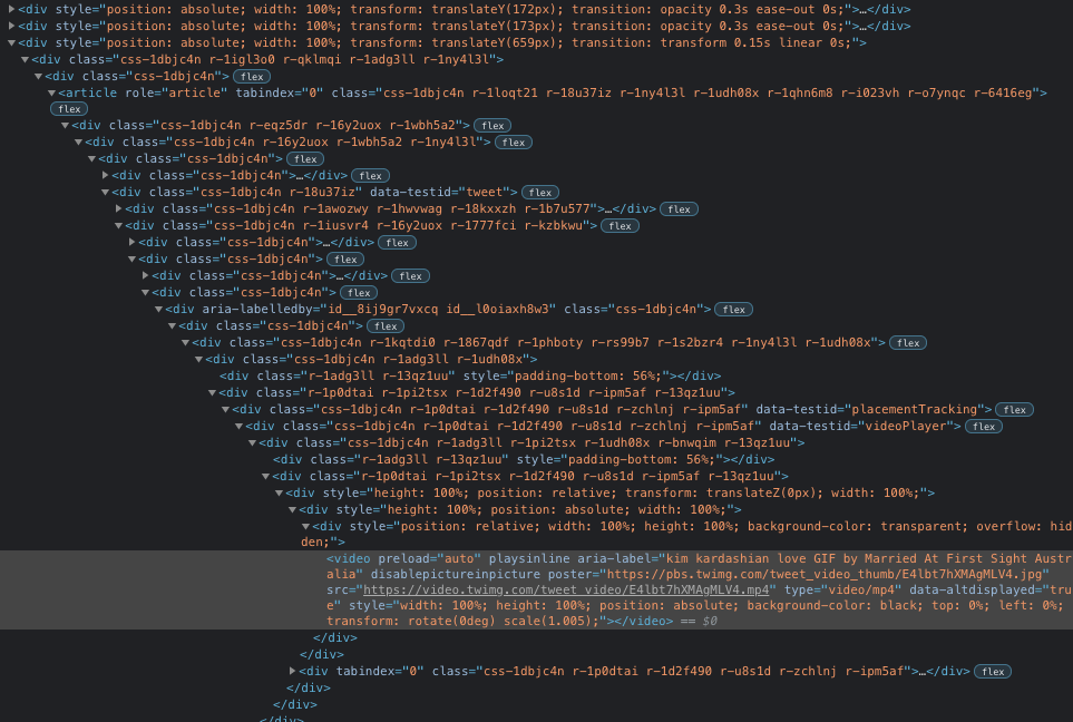 Screenshot of Twitter.com DOM to select an image showing how deeply nested it is